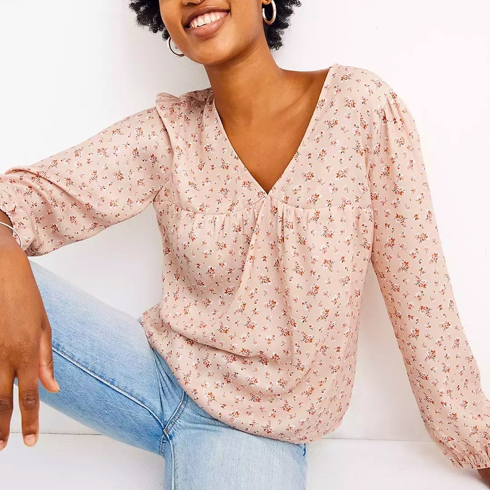 Madewell Puff Sleeve V-Neck Floral Pink Satiny Top